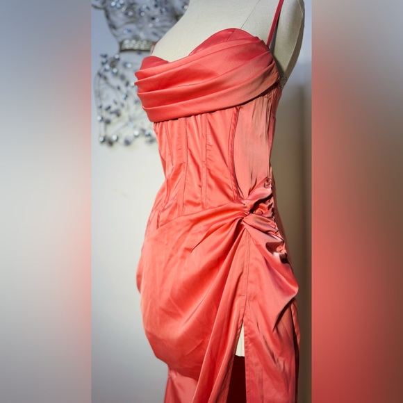 Coral Draped Corset Ruffle Gathered Dress - Picture 5 of 13